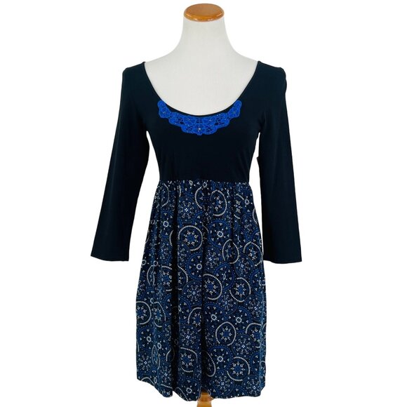 NWT Free People Black & Blue Paisley Print Crochet Lace Beaded Scoop Neck Dress - Picture 2 of 14